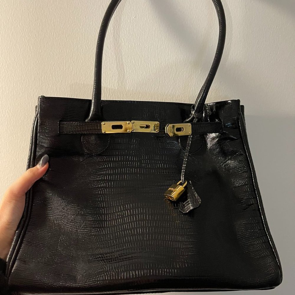 FRANCESCO ROGANI Embossed Crocodile Black Italian Leather Handbag Purse $350 RTL
